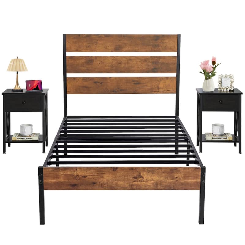 Javlergo Modern 3-Pieces Bedroom Set with Platform Bed Frame and Nightstands