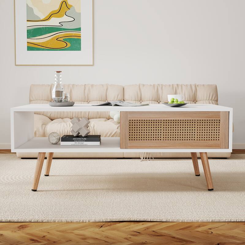 Anmytek White Rattan Coffee Table 41.34 Inch with Storage Sliding Door and Solid Wood Legs for Living Room