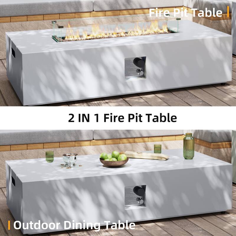 Patio Watcher Outdoor 56in. Rectangular Iron Fire Pit Table with Propane Tank Cover and Glass Wind Guard