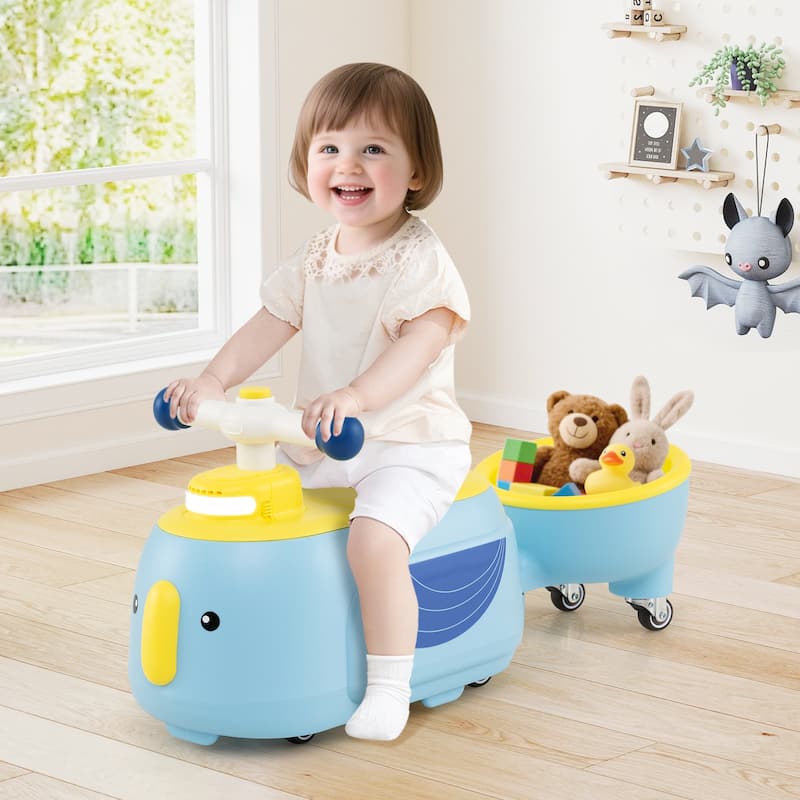 Toddler Ride On Car with Trailer 2-in-1 Foot-to-Floor Sliding Toy with Lights and Music - 28" × 9.5" × 12" - Blue-Yellow