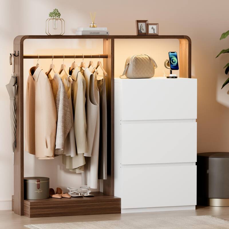 Dresser for Bedroom with Hanging Closet, 3 Drawers Dresser with LED Lights & Charging Station - White&Brown