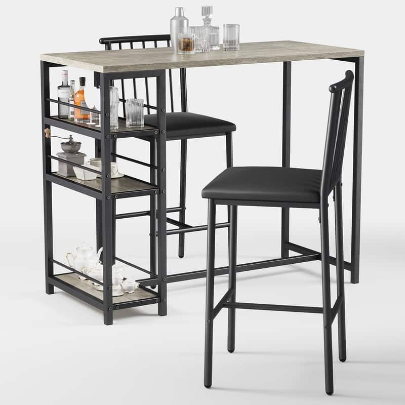 3 Pieces Bar Table Set and Chairs Set for 2 with 3 Storage Shelves