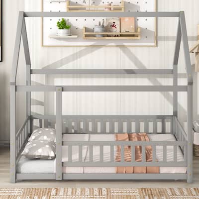 Full Size Wooden Floor Bed with House Roof Frame and Fence Guardrails
