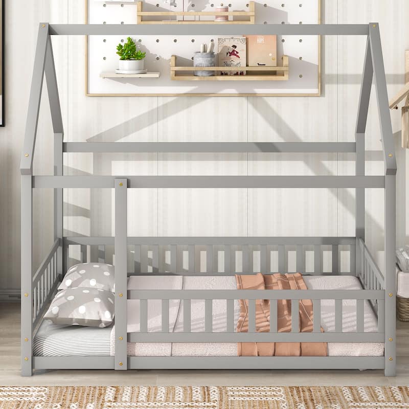 Full Size Wooden Floor Bed with House Roof Frame and Guardrails