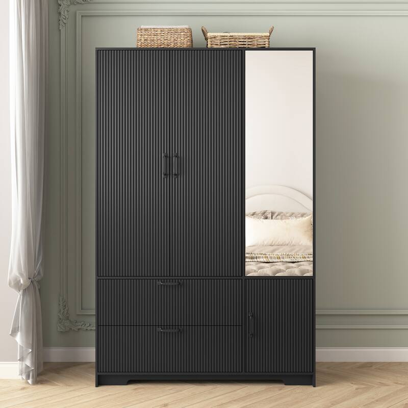 4-Door Wardrobe Closet with Mirror & LED, Wooden Storage Cabinet with Hanging Rod & Adjustable Shelves