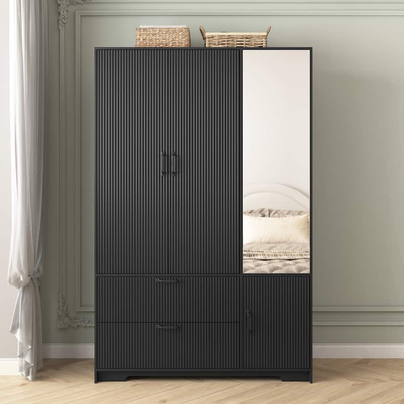 4 Doors Wardrobe Closet with Mirror, LED Wardrobe with Doors and 2 Drawers, Wooden Wardrobe Storage Cabinet with Hanging Rod - Black