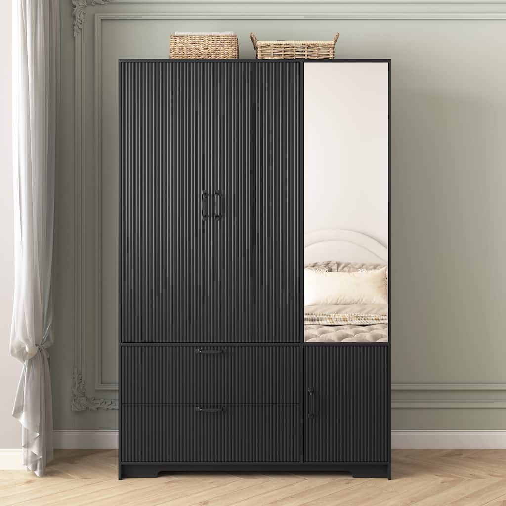 4 Doors Wardrobe Closet with Mirror, LED Wardrobe with Doors and 2 Drawers, Wooden Wardrobe Storage Cabinet with Hanging Rod