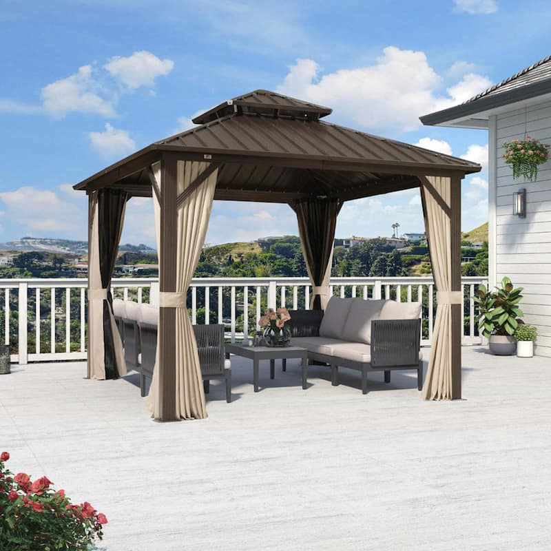 PURPLE LEAF Gazebo Outdoor Gazebo with Dual-Layer Galvanized Steel Double Roof Aluminum Gazebo with Netting and Curtains Bronze