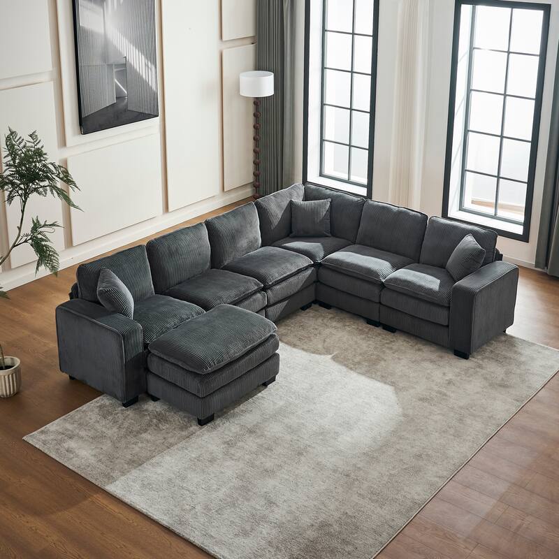 Modular Sectional Sofa for Living Room, U Shaped Sofa Couch with Ottoman and Three Toss Pillows, Corduroy Fabric Sofa Set