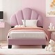 preview thumbnail 1 of 18, Twin Size Platform Bed Frame Velvet Upholstered Headboard Wooden Slats Support, Kids Wood Platform Bed Easy Assembly Pink - Twin