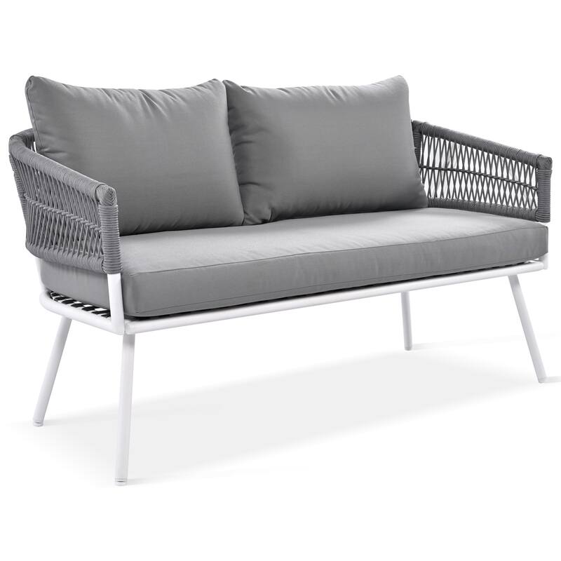 4-Piece Boho Sling Patio Conversation Set Outdoor Seating Set with Gray Cushions and Acacia Wood Coffee Table