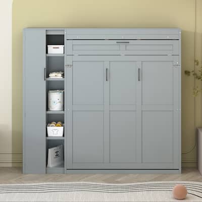 Roomfitters Full/Queen Size Murphy Bed Wall Bed with Shelves, Wardrobe and LED Lights