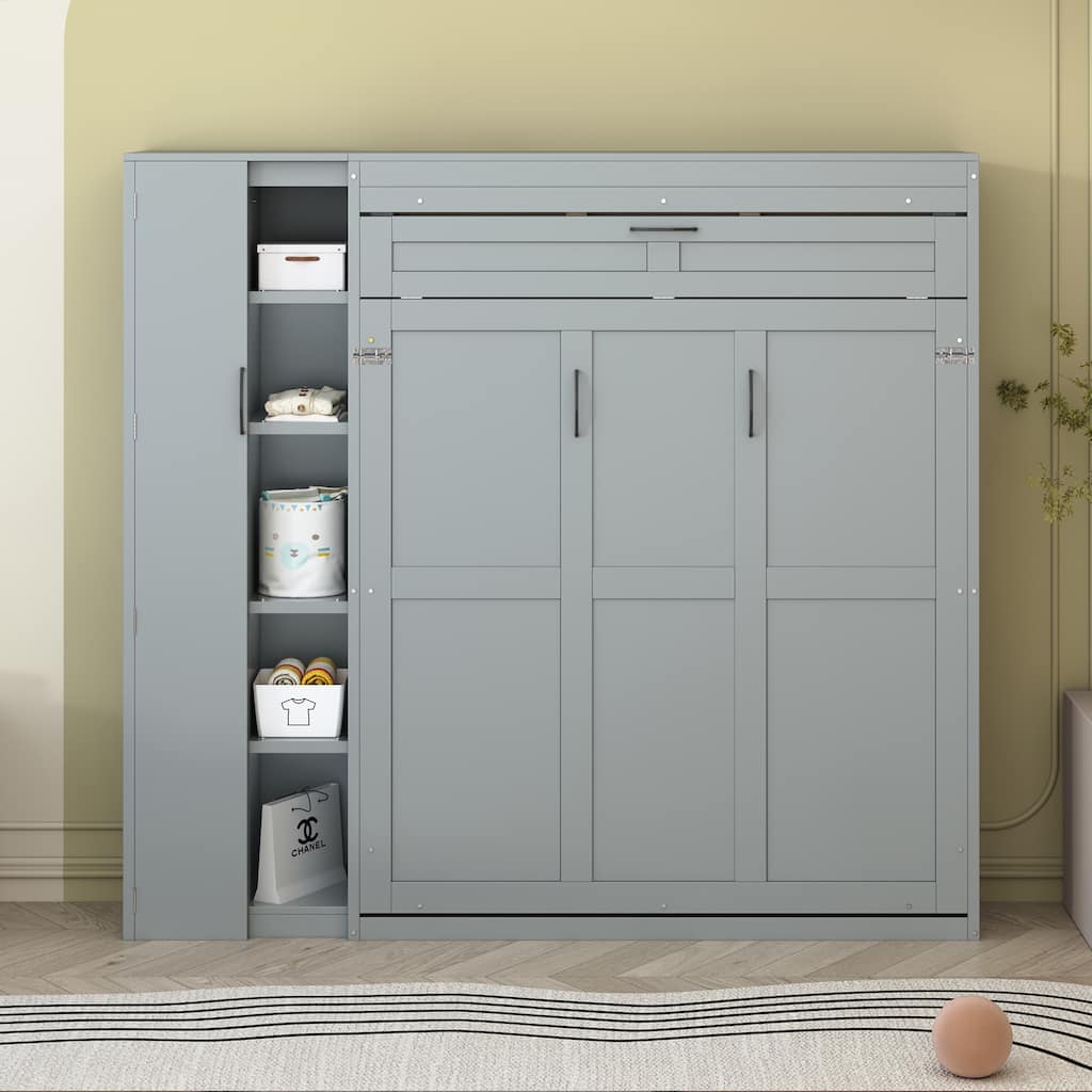 Space-Saving Full Size Wall Bed with Shelves, Wardrobe, and LED Lights, Gray