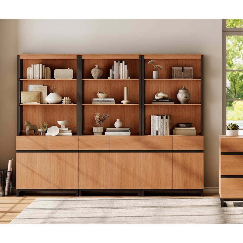 WAMPAT Modern 72" Tall Bookcase with Metal Base and Adjustable Shelves, Library Book Shelf with Storage Cabinet - 3 Piece - Mocha