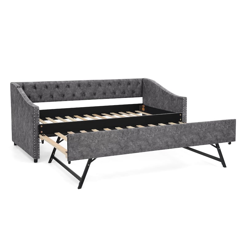 Twin Size Daybed with Pull Out Bed Trundle, Upholstered Button-Tufted Backrest Sofa Bed with Nailhead Trim & USB Charging Ports