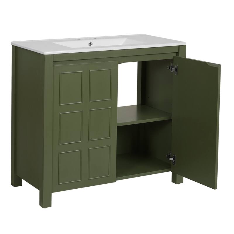 36" Rustic Bathroom Vanity Cabinet with Ceramic Sink -Solid Wood Freestanding Organizer with Soft Close Doors.