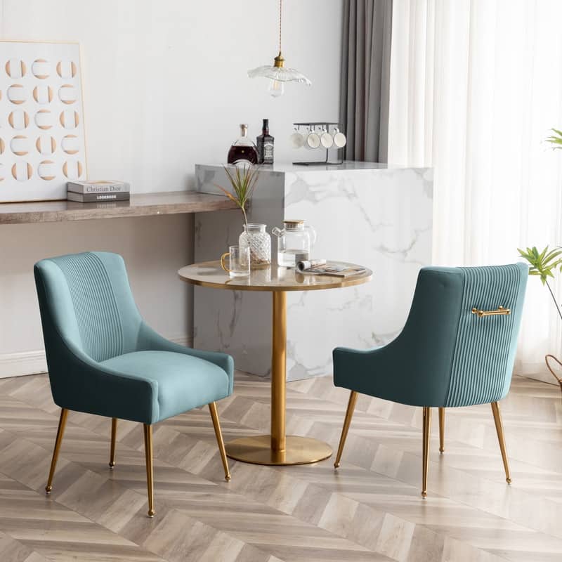 SEYNAR Modern Glam Boucle Pleated Velvet Dining Chair or Vanity Chair Set of 2 with Rear Handle - Green