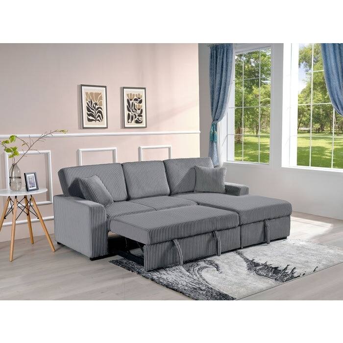 Corduroy Fabric Pull Out Sectional Sofa Bed with Storage Chaise and Pillows