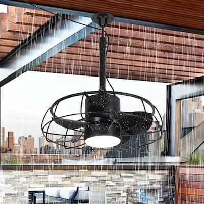 20" Industrial Black Wet Outdoor Caged Ceiling Fan with Light and Remote