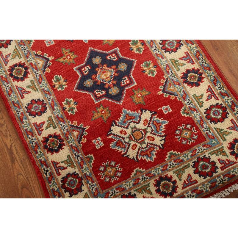 Red Geometric Kazak Oriental Accent Rug Hand-Knotted Wool Carpet - 2'0" x 3'0"