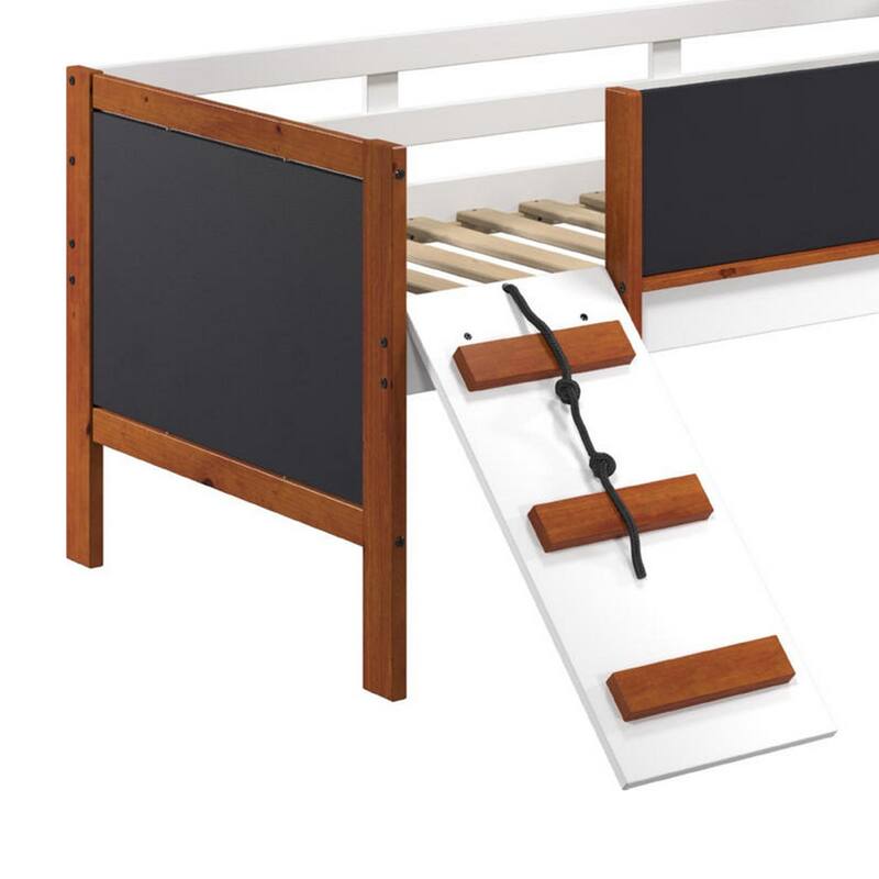 Classic Wood Twin Loft Bed with Slide, Blackboard on Rails, Brown, White