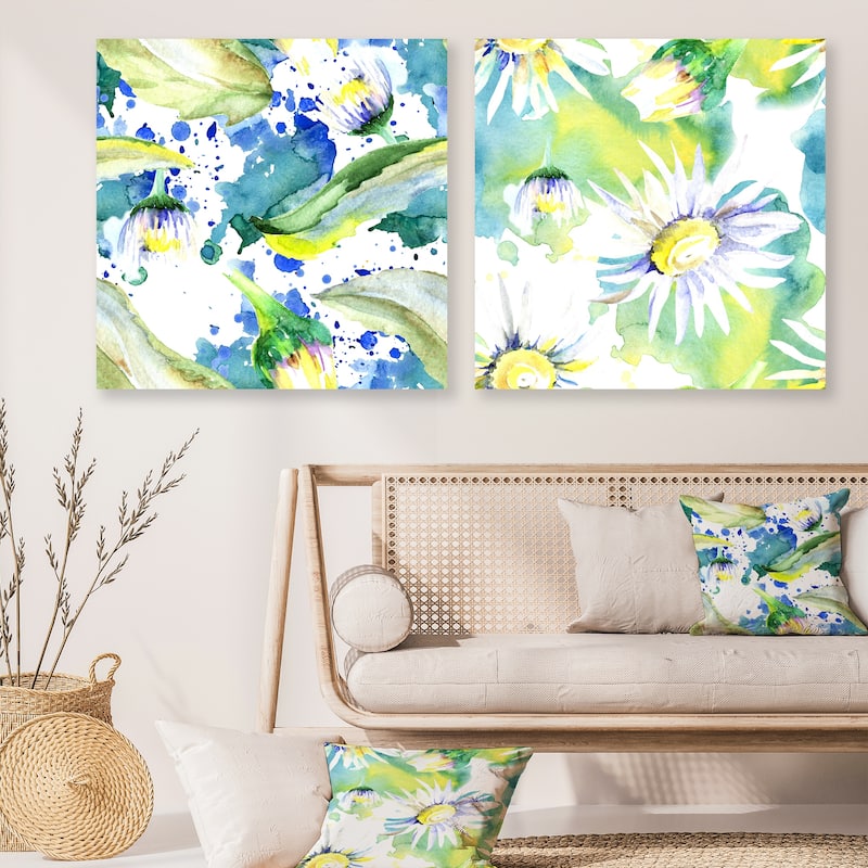 Designart 'Daisy Flowers Aquarelle Impression Collection' Flower Set of 2 Pieces - 36" W x 36" H x 1.5" D x 2 Pieces