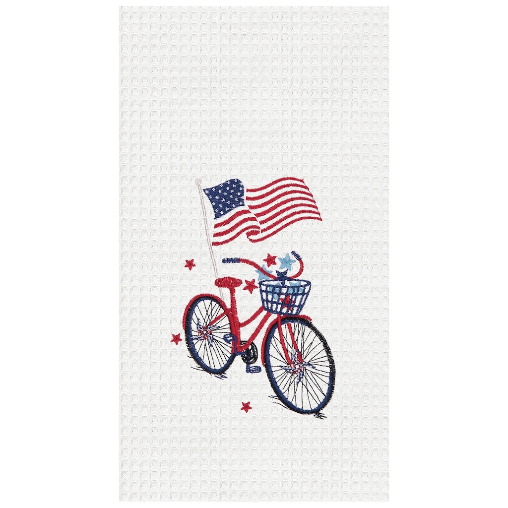 Patriotic Bike July Fourth Embroidered Waffle Weave Kitchen Towel