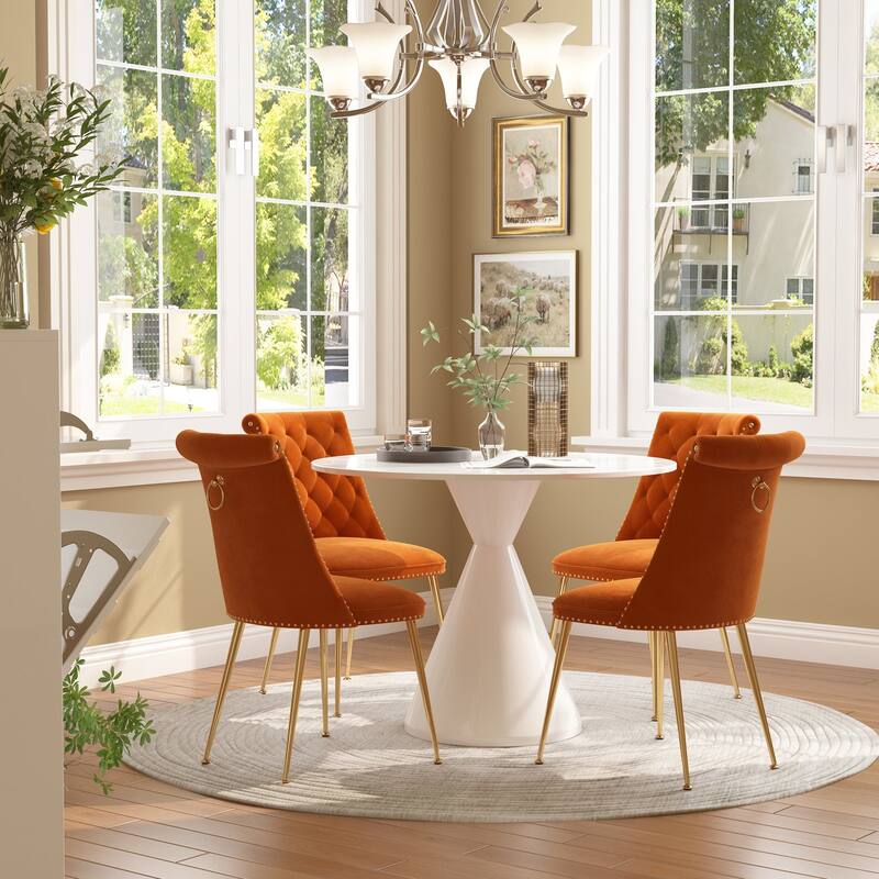 48" Light Luxury White High Gloss Large Countertop Dining Table with Velvet Dining Chair Set