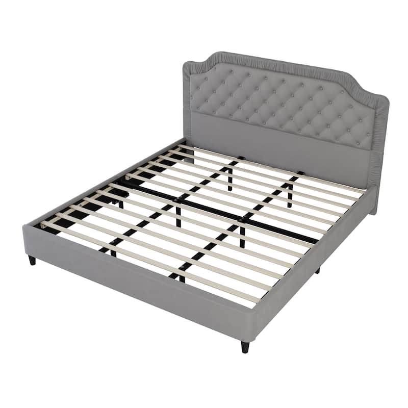 King Size Velvet Upholstered Platform Bed with Button Tufted Ruched Headboard, No Box Spring Required