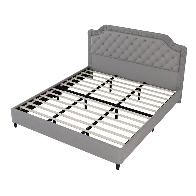 Queen Size Bed Frame with Ruched Velvet Upholstered Headboard and No Box Spring Needed, Button Tufted Design