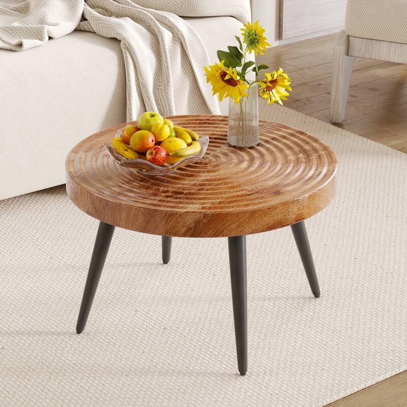 Modern Round Coffee Table - Exquisite Suction Molding Process,Natural Wood Grain Texture,Black Sprayed Metal Leg.