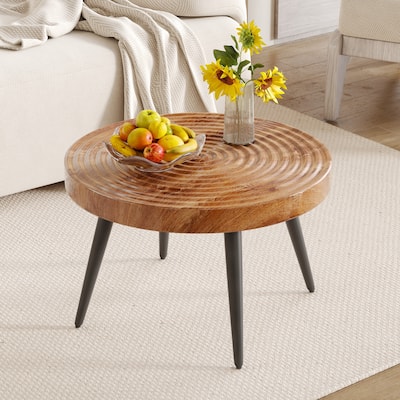 Roomfitters 23.6" Round Coffee Table with Natural Wood Grain Texture and Black Metal Legs