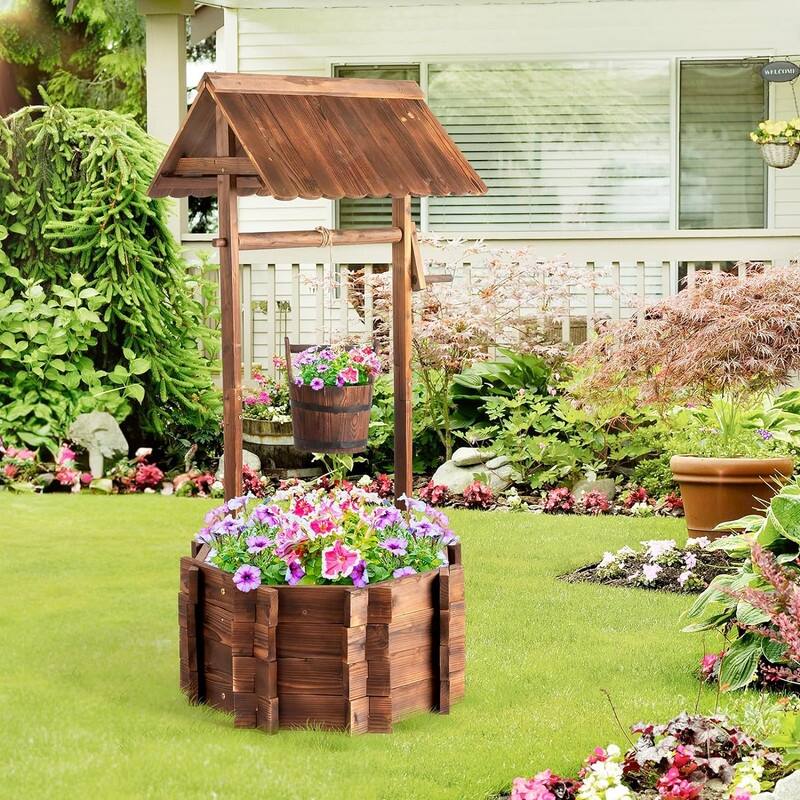 Wooden Wishing Well Outdoor Planters,Rustic Flower Pot Home Decor for Outside Patio Garden - Brown