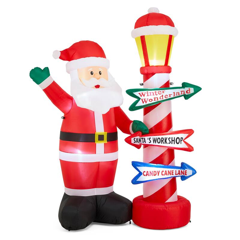 Glitzhome 7FT Lighted Inflatable Santa with Lamp Post Sign Decor