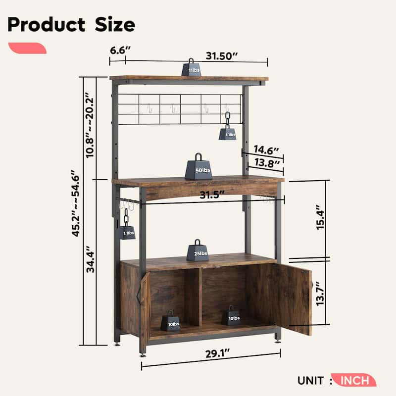 31.5" Microwave Stand with Storage Cabinet, Height-Adjustable Bakers Racks for Kitchen