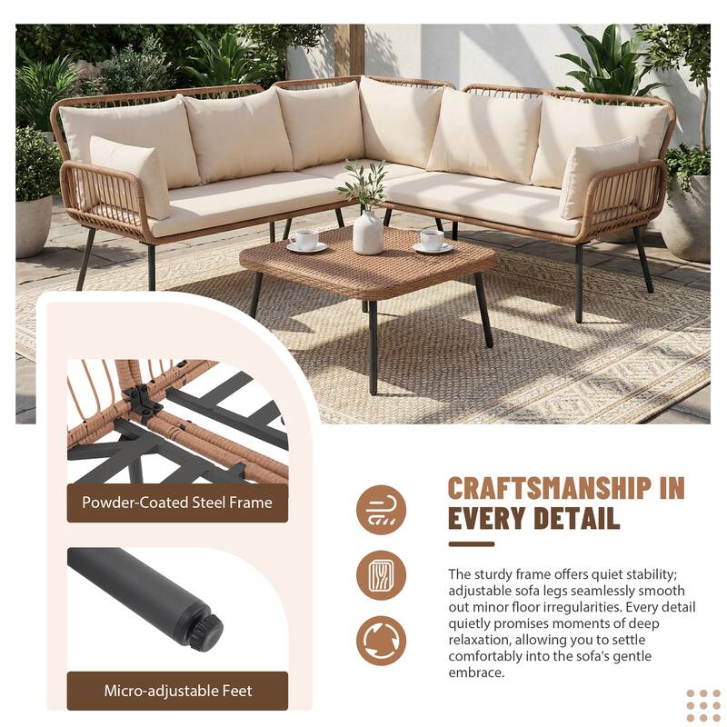 Outdoor Patio Furniture L-Shaped Corner Wicker Sofa Set with Coffee Table