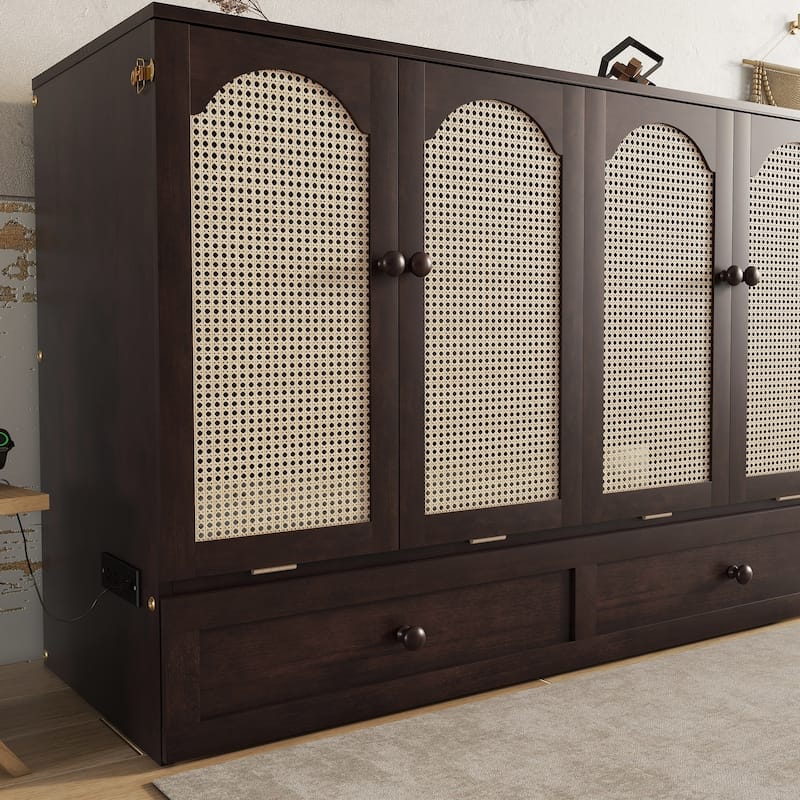 Murphy Bed, Pine Wood Cabinet Bed with Power Station and Rattan Decoration Panel