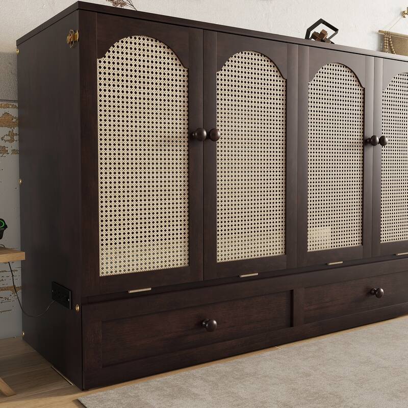 Queen Size Pine Wood Murphy Bed Cabinet with Power Station, Rattan Decoration Panel, and Large Storage Drawer