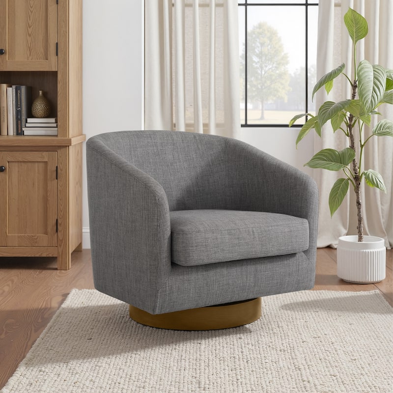 2 Set Modern Wide Round Swivel Accent Barrel Chairs - Cotton Linen - Grey-Single