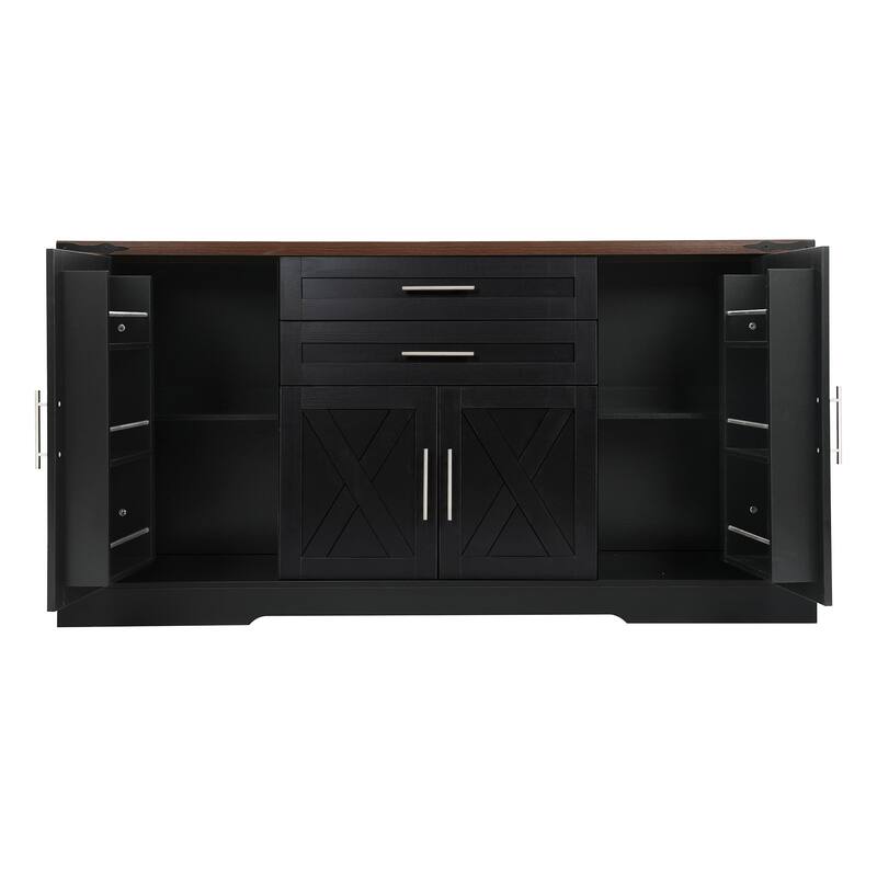 63"Barn Door Storage Cabinet with 2 Drawers & Door Rack, Large Buffet Table Coffee Bar Cabinets with Adjustable Shelves