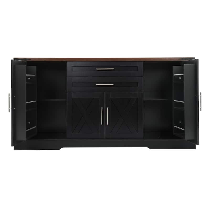 63"Farmhouse Barn Door Storage Cabinet with 2 Drawers & Door Rack, Large Buffet Bar Cabinets with Adjustable Shelves