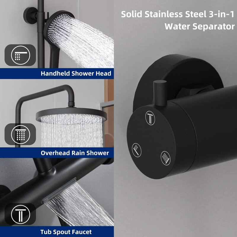 Modland Wall Mount 3-Function Shower System with 10" Rainfall, 1.59GPM, Matte Black/Rose Gold/Chrome