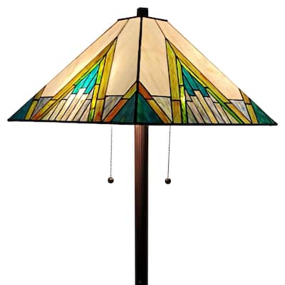 Espresso Metal Torchiere Tiffany Style Floor Lamp with Blue Green Stained Glass Shade - 17” x 17” x 62” (D x W x H)