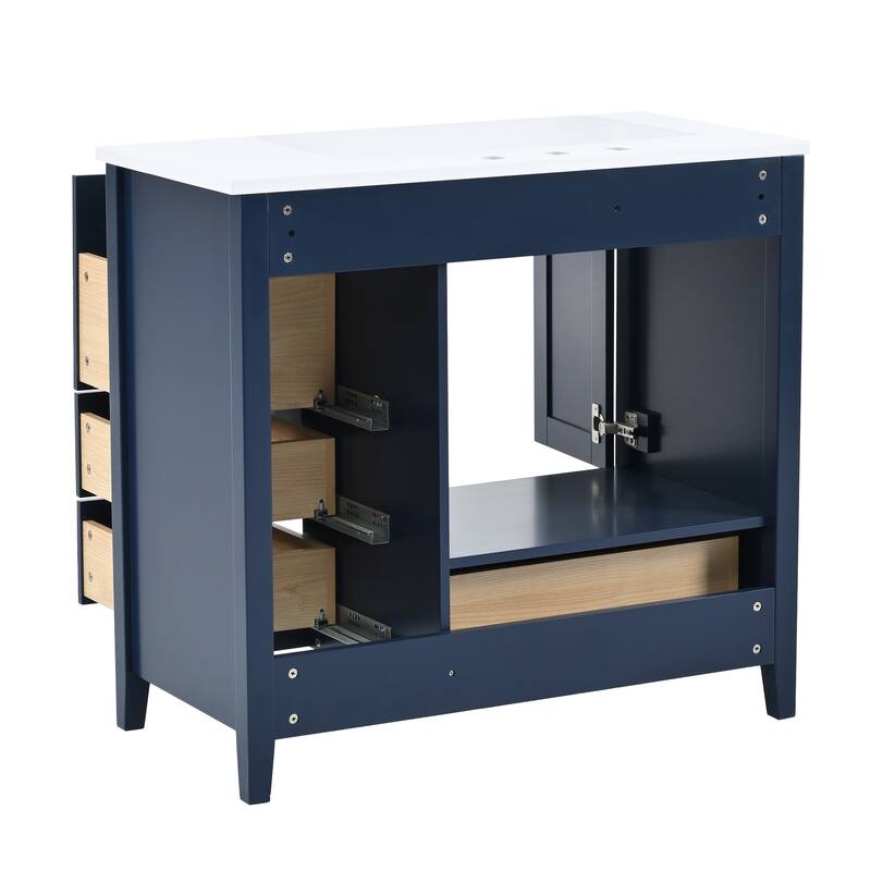 Roomfitters 36" Vanity with Ceramic Sink, Modern Cabinet with 4 Drawers, Solid Wood Feet, Freestanding Bathroom Set, Blue