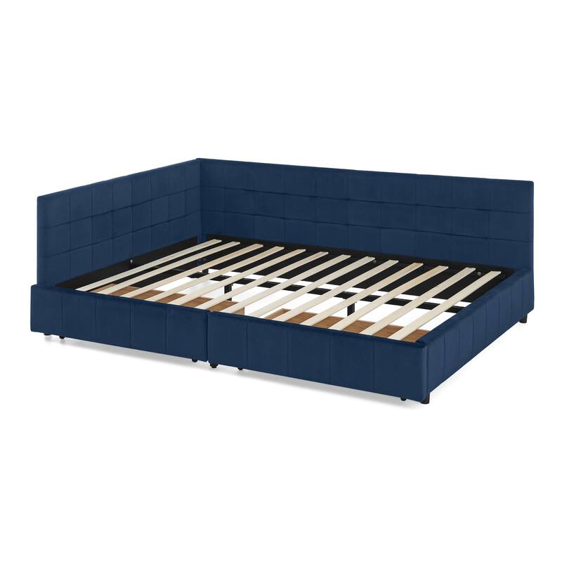 Queen Size Bed Upholstered Tufted Bed Frame Storage Sofa Bed Frame with L-shape Guardrail Velvet Platform Bed for Living Room
