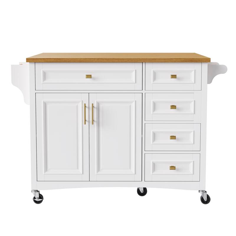 Kitchen Island with Drop Leaf, Adjustable Shelf, Spice Rack, Towel Rack, 2 Doors and 5 Drawers