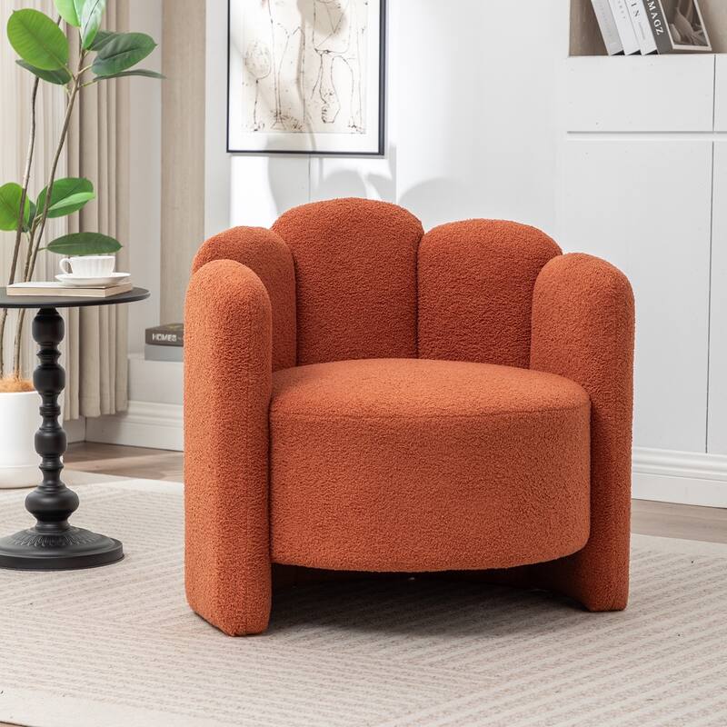 SEYNAR Modern Glam Teddy Fabric Upholstered Round Accent Chair with Flower Shaped Back Design