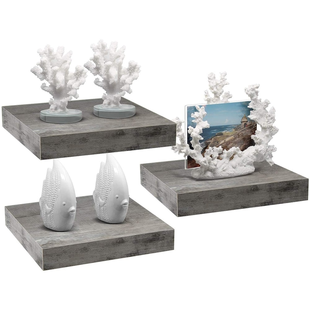 3 Pack Square Mounted Floating Shelves - Rustic Wood Display Ledge Storage Shelf