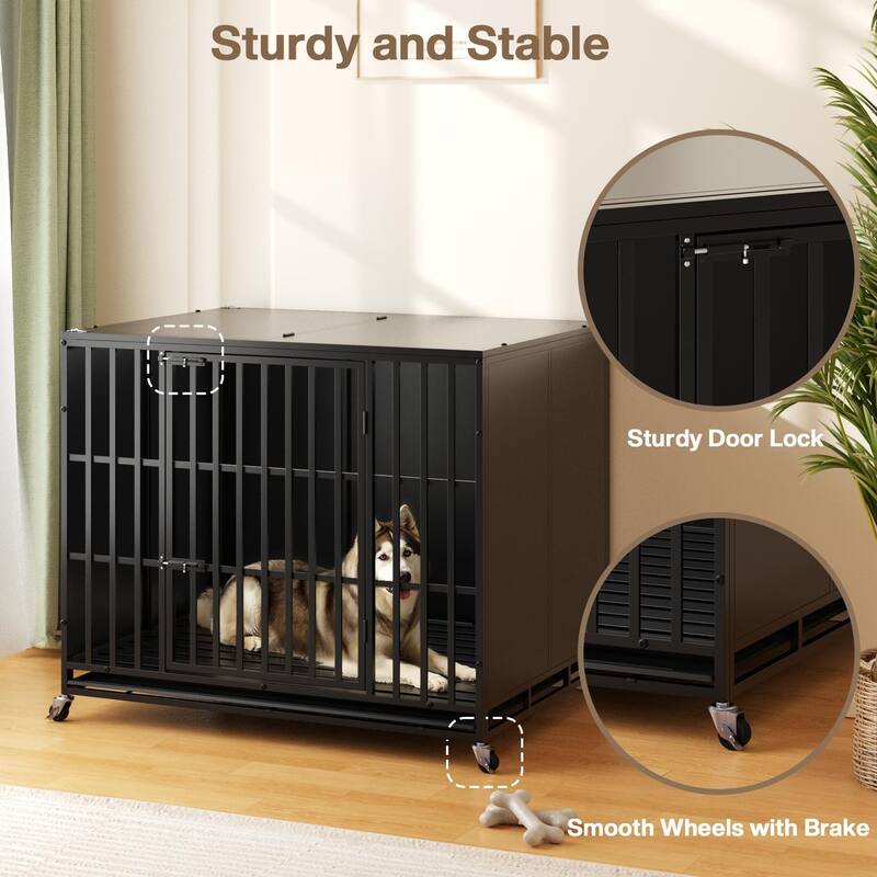 BOSSIN 48/42 inch Heavy Duty Steel Dog Crate Kennel with Wheels, Escape-Proof, Removable Tray for Large Dogs, Black