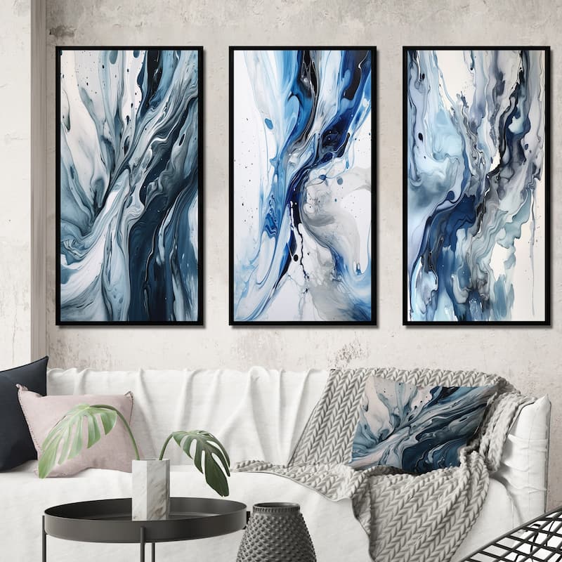 Designart "Blue And Grey Ethereal Elixir III" Abstract Framed Wall Art Set Of 3 Frame Canvas Set For Living Room Decor - 38 in. wide x 28 in. high - 3 Panels - Black